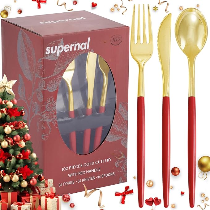 Supernal 102PCS Red Plastic Silverware, Gold Plastic Utensils with Red Handle, Gold Disposable Utensils Heavy Duty Includes 34 Forks, 34 Spoons and 34 Knives prefect for party, wedding & Mother's day