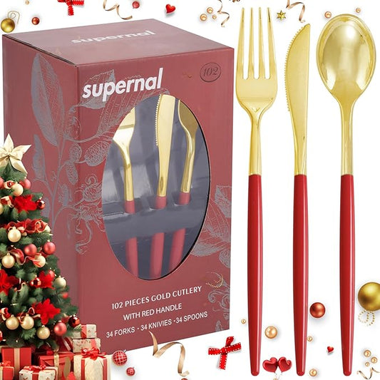 Supernal 102PCS Red Plastic Silverware, Gold Plastic Utensils with Red Handle, Gold Disposable Utensils Heavy Duty Includes 34 Forks, 34 Spoons and 34 Knives prefect for party, wedding & Mother's day