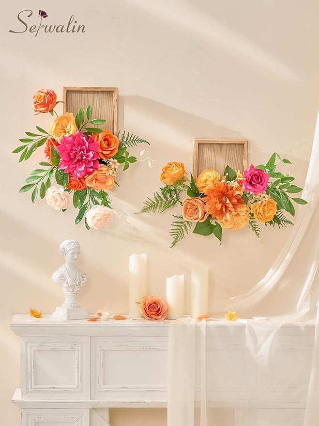 Serwalin Artificial Fall Flowers, Orange & Magenta Silk Fake Flowers, Autumn Faux Flowers for Wedding Bouquet, Table Centerpieces, Home Decor