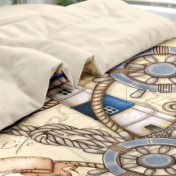 Comforter Set Full Size, Retro Nautical Lighthouse Map 7 Pcs Bedding for Kids and Adults, Vintage Anchor Beige Bed Sheet Sets with Fitted Sheet 2 Pillowcase & 2 Sham for Bedroom Bed Decor