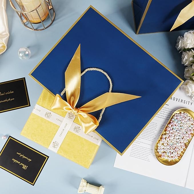 Navy Blue Gift Bags 13 x 10 x 4’’, Large Gift Bag Set with Tissue Paper and Greeting Card, 2 PCS Gift Bags with Handles Bow Ribbon, Paper Present Bags for Women Men Birthday Party Father's Day Wedding