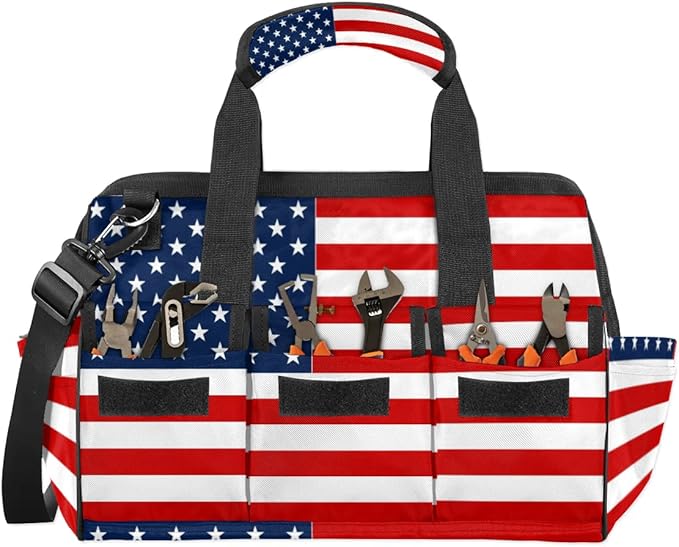 American Flag Tool Bag for Men Women Multi-Pockets Wide Mouth Tool Storage Bags 14.8 Inch Waterproof Heavy Duty Tool Bag Organizer for Electrician Mechanic Plumbers Handymen