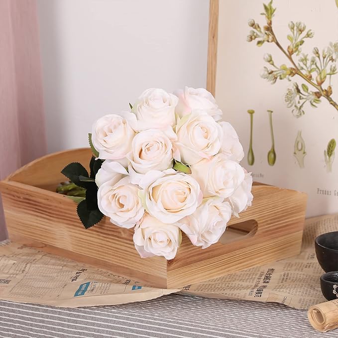 Nubry Artificial Silk Rose Flower Single Stem Lifelike Vintage Fake Rose for Wedding Bouquet Floral Arrangements Home Party Centerpiece Decoration, 10pcs (Vintage Ivory)