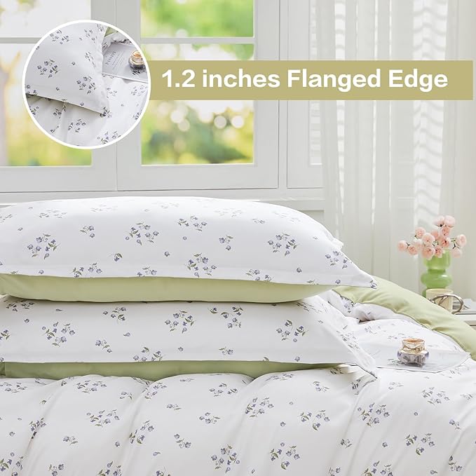 SAPHREAS King Duvet Cover White Cute Floral Bedding Set with 8 Corner Ties and 2 Pillow Shams Microfiber Reversible Duvet Cover Set with Zipper Closure?Green