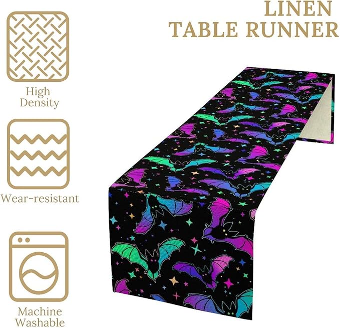 Gothic Table Runner,Colorful Bat Star Pattern Table Runner for Home Kitchen Table Dining Garden Farmhouse Wedding Party Decor 13x108 Inch