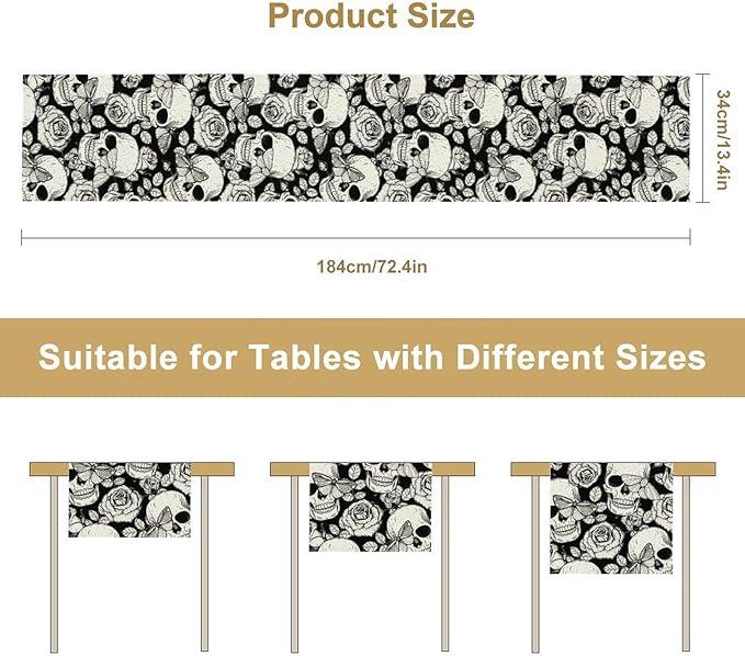 Gothic Table Runner,Black White Skeleton Flower Moth Print Table Runner for Home Kitchen Table Dining Garden Farmhouse Wedding Party Decor 13x90 Inch