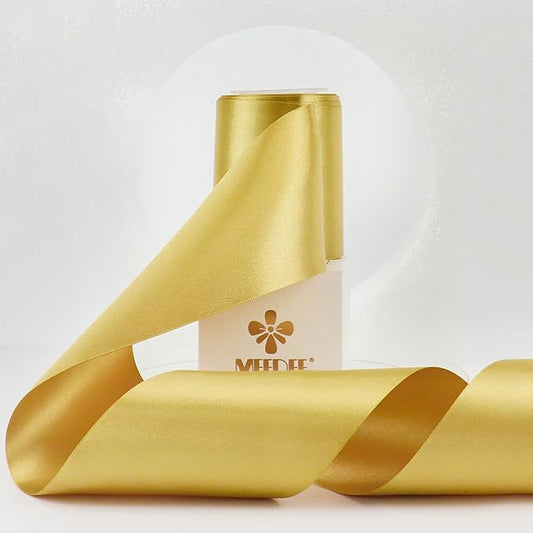 MEEDEE Gold Satin 3 Inch Ribbon Lux Double Faced Satin Ribbon Christmas by 10 Yards Tree Ribbons Wide Gold Ribbons for Christmas Tree Decoration, Weddings, Flower Bouquet