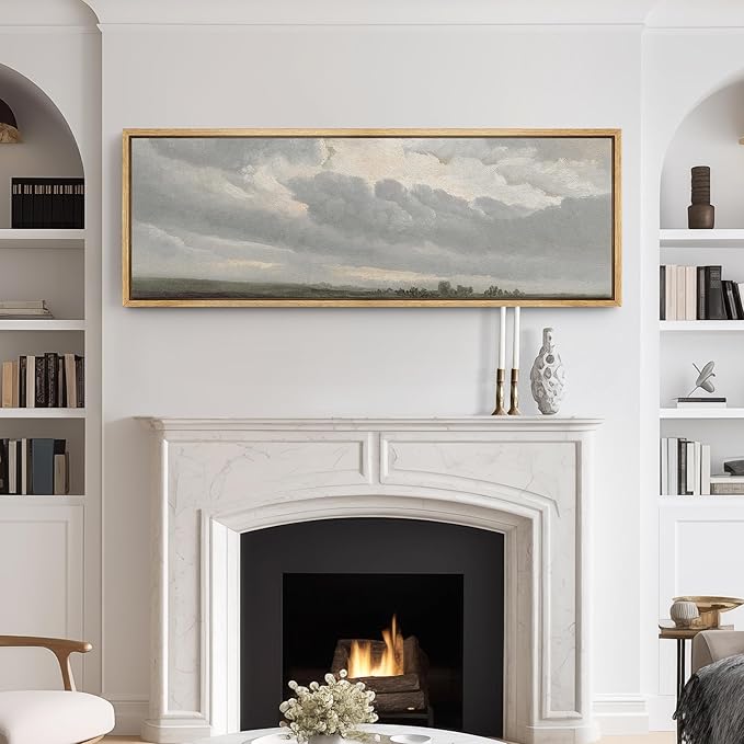 SIGNFORD Large Framed Canvas Print Wall Art Expansive Cloudy Sky Over Landscape Soft Neutral Horizon Scene Illustrations Modern Art Relax/Calm Warm for Living Room, Bedroom, Office - 60"x20"