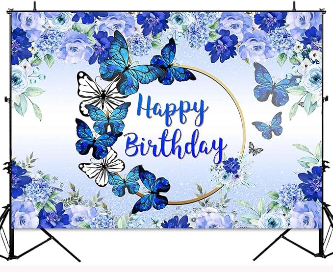 Butterfly Happy Birthday Backdrop Royal Blue Floral Photography Background Women Blue Flowers Birthday Wishes Party Decorations Banner Supplies Photo Booth 7x5ft