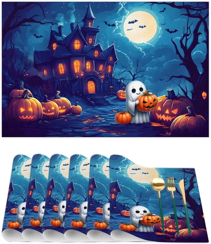 Halloween Cute Ghosts Pumpkin Placemats Set of 4 PVC Vinyl Non Slip Table Mats Heat Resistant Place Mats Washable Wipeable Dining Table Mat for Kitchen Decor Party Indoor Outdoor Decorative Gift