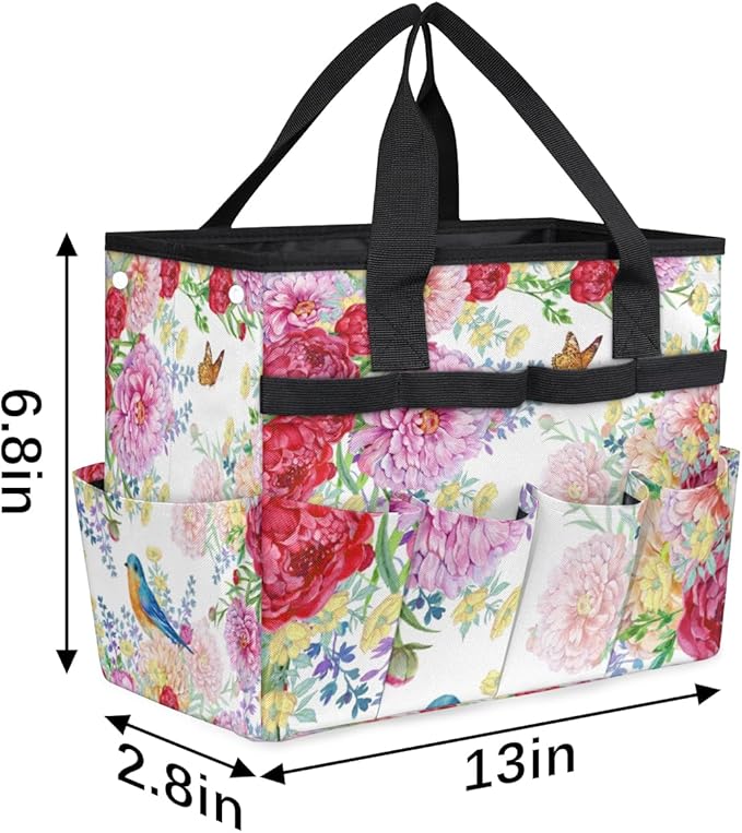 Garden Tool Tote Bag for Women Men Flower Bird Butterfly Gardening Tool Storage Bags with 10 Pockets Standable Garden Home Tool Kits Organizer for Indoor Outdoor Gardening Gifts