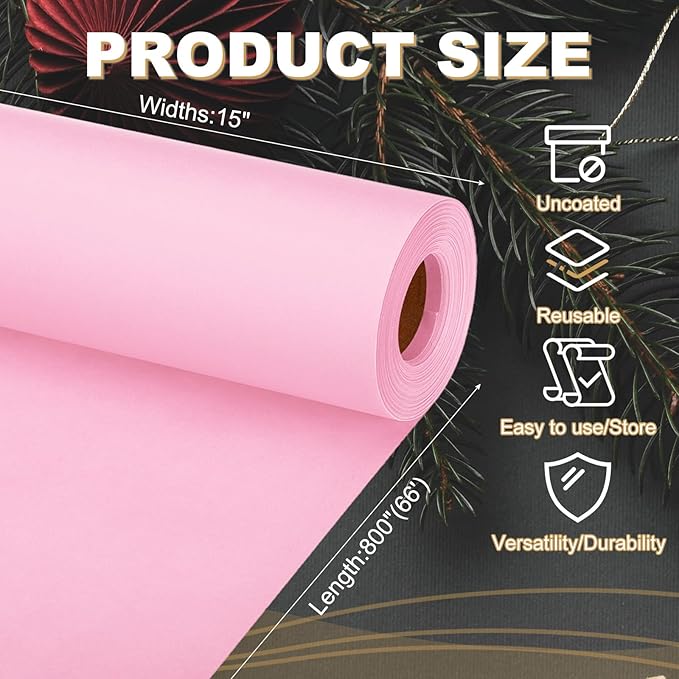 PATIKIL Wrapping Paper, 15"x800"(66') Bulletin Board Paper Roll Kraft Paper Roll Construction 80GSM for Shipping Packing Gift Wrapping Craft Flower Bouquet Christmas, Pink