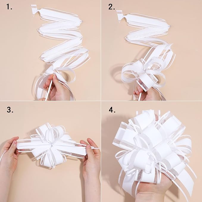 12 Pieces Pull Bow Wrapping Pull Bow Ribbon Pull Bows for Wedding Baskets,6 Inches Diameter Gift Bows, Large Bows for Presents. (White)