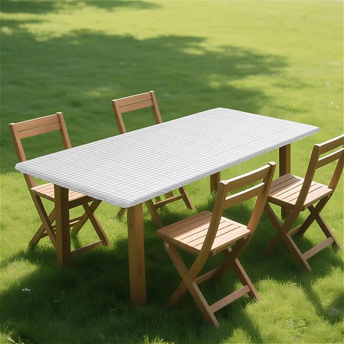 Rectangle Table Cloth Cover Waterproof Elastic Fitted Polyester Fitted Tablecloths for 4 Foot Tables for Indoor,Picnic, Camping, Outdoor （48" x 24"，White Grid）