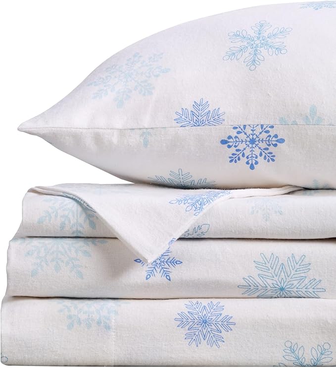 Market & Place 100% Turkish Cotton Flannel Sheet Set | 4 Piece Deep Pocket Novelty Cozy Winter Bed Sheets | Double Brushed for Extra Softness & Comfort | Alpine Collection (King, Blue Snowflake)