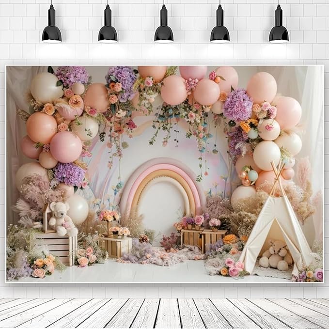 Newborn Baby 1st Birthday Photography Backdrop - Balloons Tent Flower Decor Background for Kids Birthday Party Baby Shower Portrait Cake Smash Props (6x4ft)