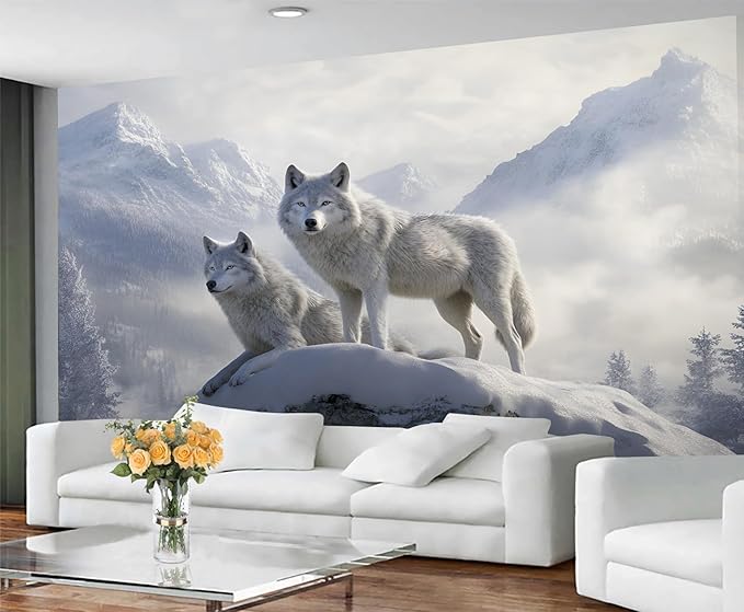 Arctic Wolves Wall Mural, Snow Wolves in Mountain 3D Wall Murals, Winter Wild Animal Wallpaper Mural, for Living Room Bedroom Large Wallpaper Indoor Decor 197" W x124.8 H