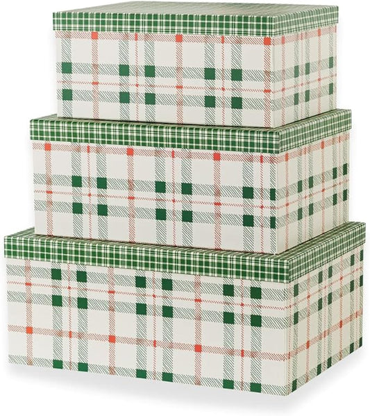 Soul & Lane Plaid Christmas Gift Box - Set of 3: Holiday Decor Storage Box, Decorative Photo Storage, Keepsake Boxes with Lids, Nesting Cardboard Containers for Presents, Seasonal Décor Bins
