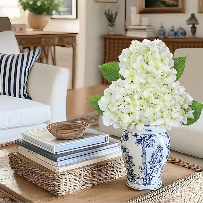 Oairse 3Pcs White Hydrangea Artificial Flowers 19.7 in Real Touch Faux Hydrangea Stems Silk Flowers with Stems White Fake Flowers Bouquet for Floral Arrangements Table Centerpieces Wedding Home Decor