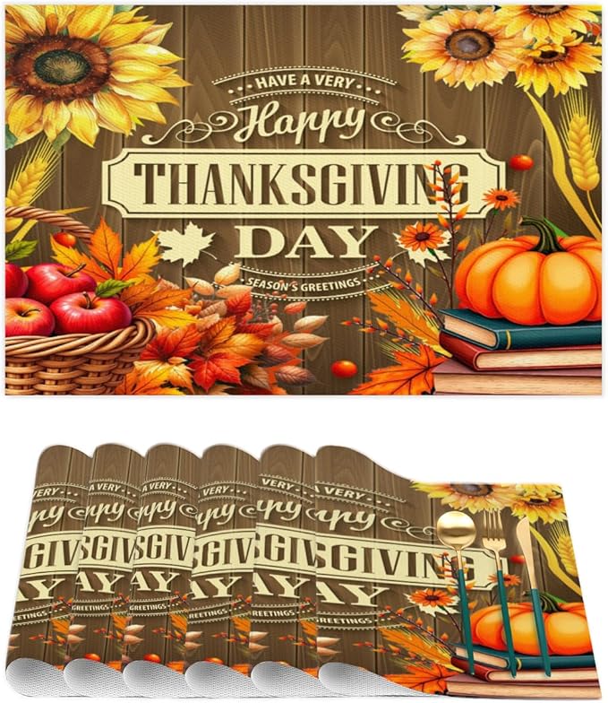 Thanksgiving Holiday Pumpkins Fall Placemats Set of 4 PVC Vinyl Non Slip Table Mats Heat Resistant Place Mats Washable Wipeable Dining Table Mat for Kitchen Decor Party Indoor Outdoor Decorative Gift