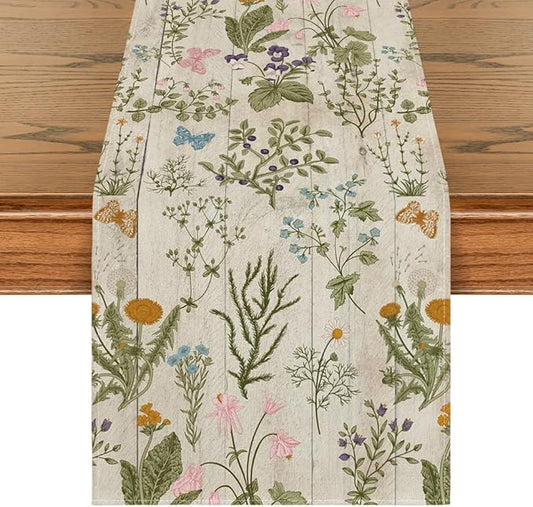 Artoid Mode Wood Wild Flowers Floral Spring Table Runner, Seasonal Summer Kitchen Dining Table Decoration for Home Party Decor 13x90 Inch