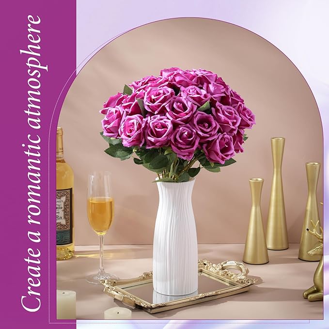 Hotop 40 Pcs Rose Artificial Flowers Bulk with Long Stem,Realistic Silk Fake Roses Bouquet for Home Wedding Centerpieces Party Table Decoration Valentines Gifts(Purple)