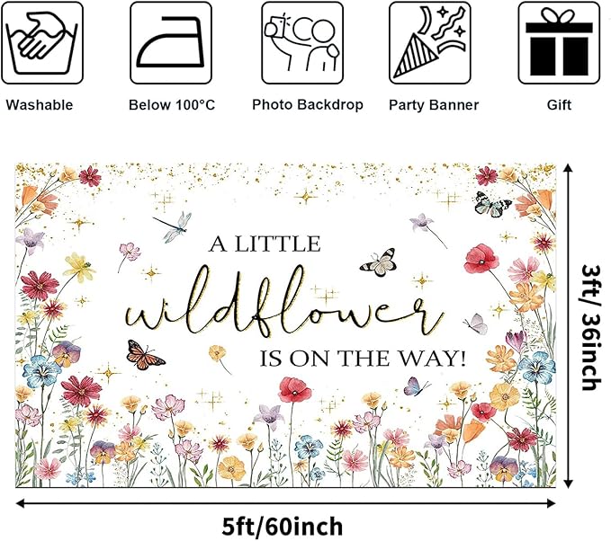 Avezano Wildflower Baby Shower Decorations A Little Wildflower is On The Way Baby Shower Backdrop Floral Theme Baby Girls' New Born Photoshoot Background Banner (5x3ft(60x36in))
