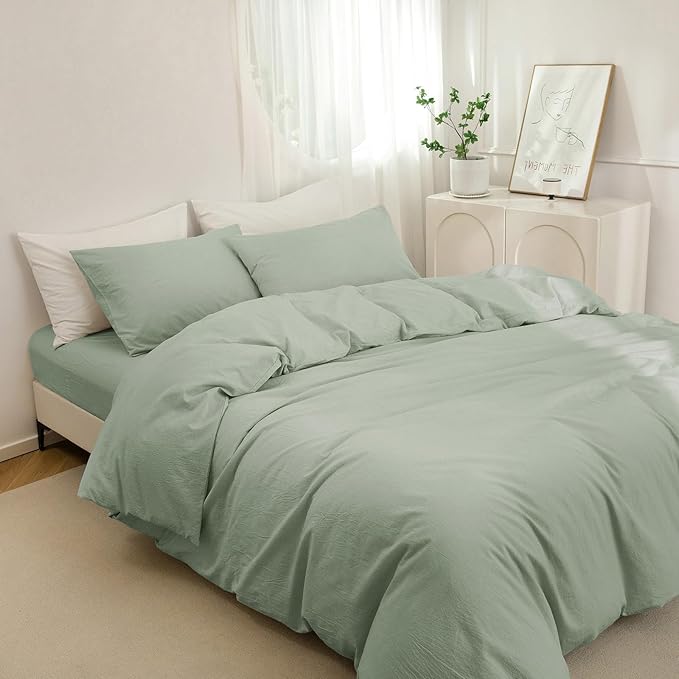 JIYUAN 100% Washed Cotton Duvet Cover Set 3 PCS Oversized King, 1 Duvet Cover 120"x98" (Comforter Not Included) and 2 Pillowcases,Linen Feel Bedding Set Comfy and Breathable, Heathered Sage Green