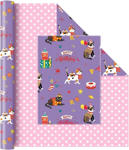 WERNNSAI Cat Birthday Wrapping Paper Roll - 1 Roll 17”x 66 ft Cat Gift Wrapping Paper Pink Purple Reversible Wrapping Paper for Girls Kids Birthday Party Gift Wrap with Polka Dot Design