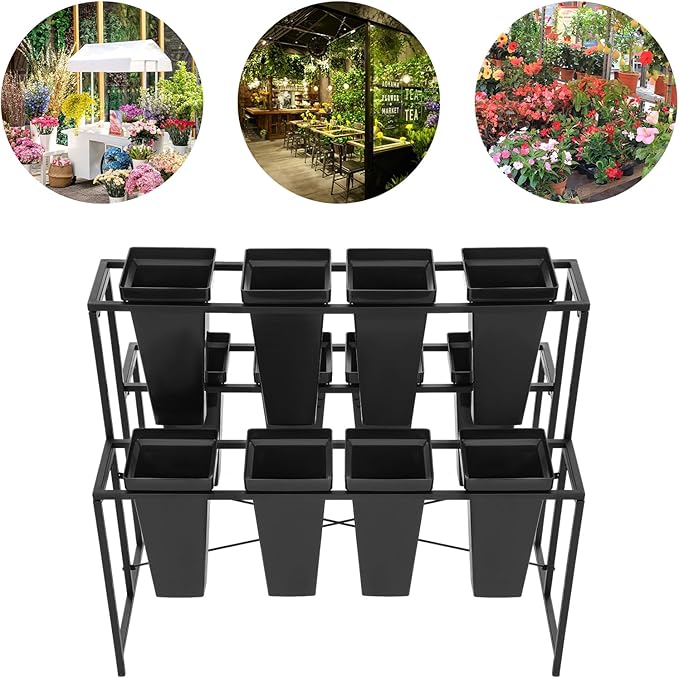 Flower Display Stand with 12 Pcs Buckets 3 Layers Metal Plant Stand Plant Cart Shelf Flower Bucket Rack Stand for Indoor Florist Garden Patio (Black Stand-Black Square Buckets)