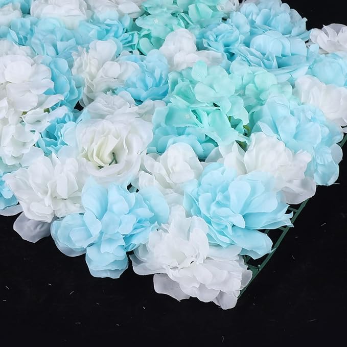 12PCS Flower Wall Panels, 3D Silk Floral Wall Backdrop, Realistic Blue Rose Hydrangea Flower Backplanes, Roll Up Fake Flower Background for Valentines Wedding Party Home Decoration