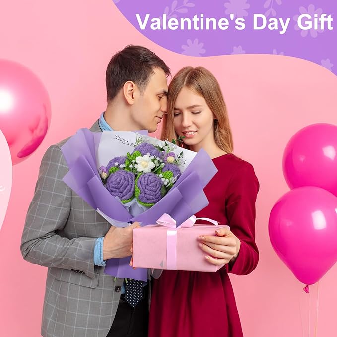 Crochet Flowers Bouquet, Handmade Knitted Rose Bouquet with Gift Bag for Home Deocor, Crocheted Finished Flower for Wedding, Mother's Day, Teachers' Day and Valentine's Day, Purple