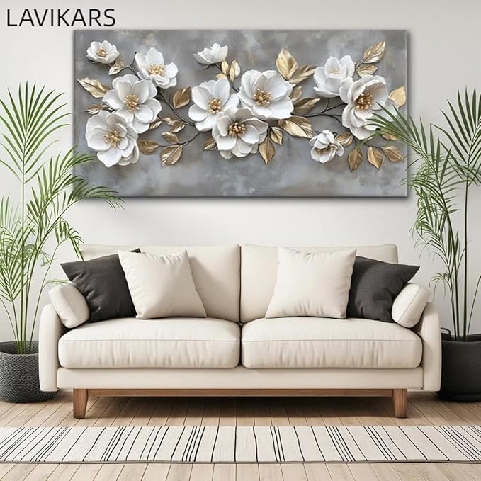 LAVIKARS Modern Gray Flowers Wall Art for Living Room Office White and Golden Floral Landscape Canvas Painting Prints Large Delicate Petals Artwork Kitchen Home Bedroom Decor (28x58 Inches)