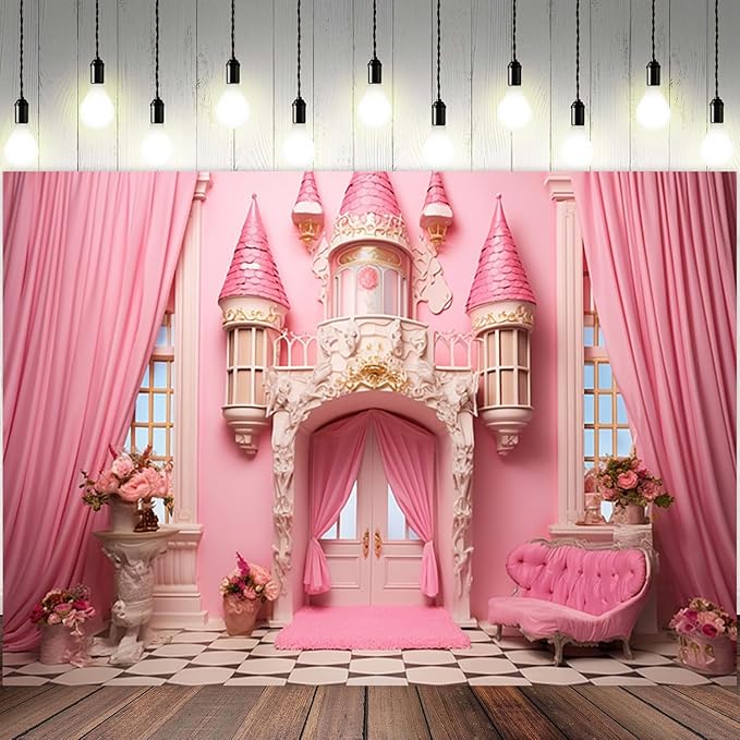 9x6ft Pink Princess Castle Backdrop Curtain Window Door Room Interior Background for Photography Sofa Flowers Vases Banner Decorations Girl Kids Birthday Baby Shower Party Photo Booth Props