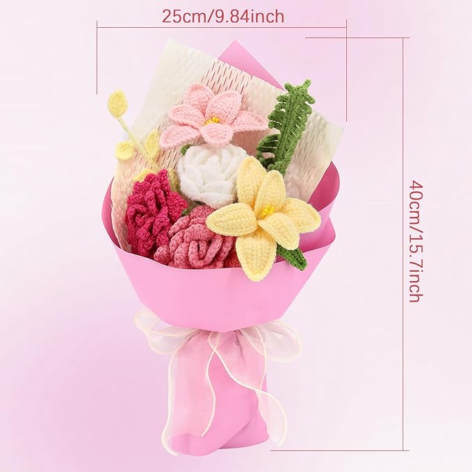 Crochet Flowers Finished Bouquet Crocheted Cotton Thread Flowers, Handmade Crochet Rose Tulip Fern Leaf as a Gift for Lover, Friends. Artificial Flower (Pink)