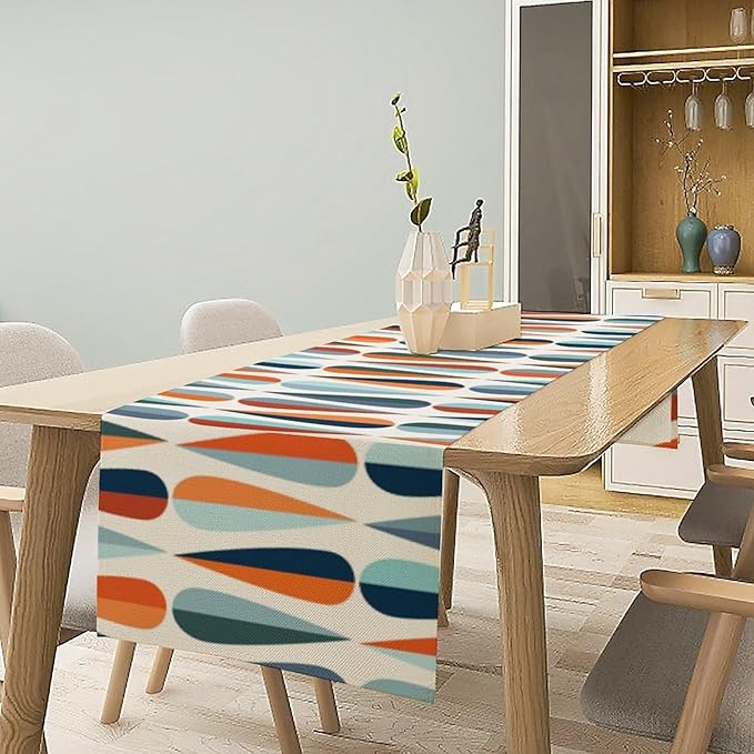 Mid Century Modern Table Runner Retro Blue Orange Grey Water Droplets Geometric Table Runner for Kitchen Dining Room Dining Table Decoration 13x120in