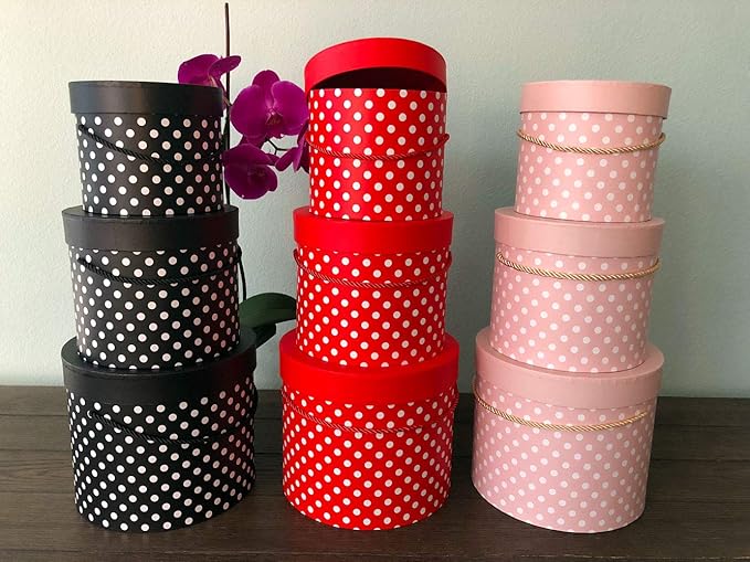 UNIKPACKAGING Premium Quality Round Flower Box, Gift Boxes for Luxury Flower and Gift Arrangements, Set of 3 pcs, with Lids, Size (S/M/L), Black White Dots