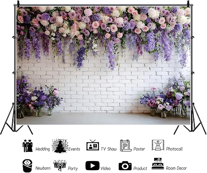 Baocicco Purple Floral Wall Backdrops 12x8ft Flowers White Brick Wall Backdrops for Photoshoot Valentine Day Decorations Anniversary Wedding Banner Supplies Birthday Baby Shower Photo Props