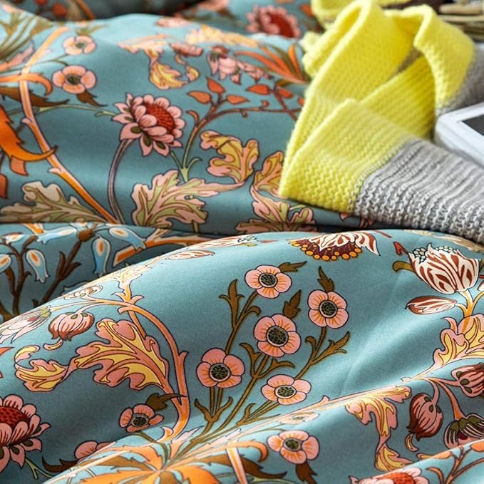 EAVD Vintage Style Flower Duvet Cover Full Soft 100% Cotton Chic Floral Boho Bedding Set with 2 Pillowcases Garden Gorgeous Floral Full Duvet Cover with Zipper Closure 4 Ties