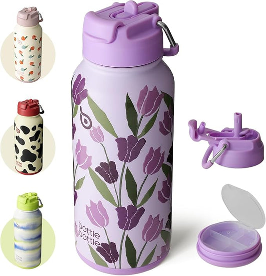 BOTTLE BOTTLE 32oz Insulated Water Bottle Stainless Steel Sport Water Bottle with Straw Dual-use Lid Design for Gym with Pill Box