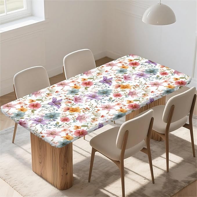 Rectangle Table Cloth Cover Waterproof Elastic Fitted Polyester Fitted Tablecloths for 8 Foot Tables for Indoor,Picnic, Camping, Outdoor （96" x 30"，Flower）