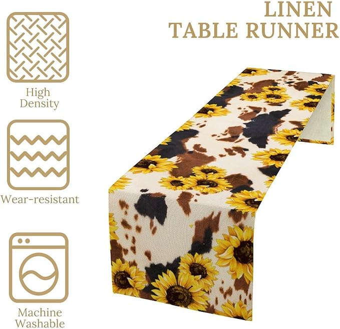 Cow Skin Print Table Runner, Vintage Sunflower Cottage Country Farm Animal Fur Skin Western Style Brown Cowhide Print Dinner Runner for Home Kitchen Dining Table 13x36in