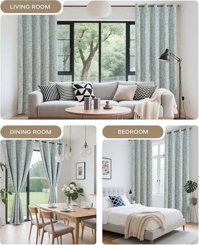 Chenille Floral Blackout Curtains 90 Inch Length 2 Panels Set - Bedroom Living Room Darkening Thermal Insulated Black Out Window Treatments Grommet Jacquard Drapes 52 Inch Wide Blue