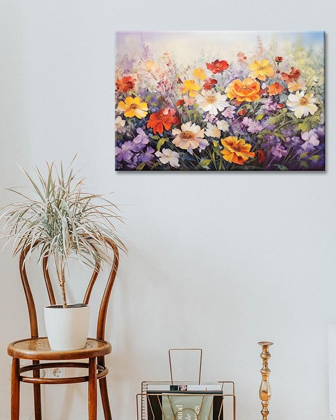 GLOKAKA Flowers Wall Art Colorful Landscape Lush Wildflowers Painting Print on Canvas Purple Yellow Floral Daisy Flower Picture for Home Bedroom Office Decor (Lush Flowers, 24"x16")