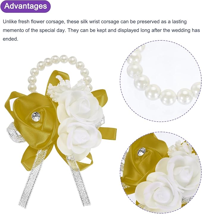 MECCANIXITY 12Pcs Wrist Corsage Artificial Flower Bracelets Rose Wrist Bride Groom Decorative for Wedding Ceremony Prom Party Anniversary Dark Yellow