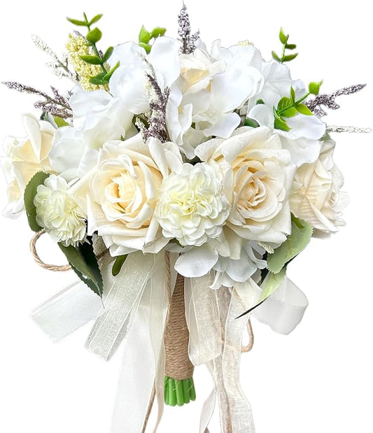 Wedding Bouquets for Bride Bridesmaid,Large Big Bridal Bouquet White Champagne Ivory Artificial Fake Silk Roses Flowers for Wedding French Vintage Boho Rustic Church Decoration Toss Bouquet (9.5in(L))