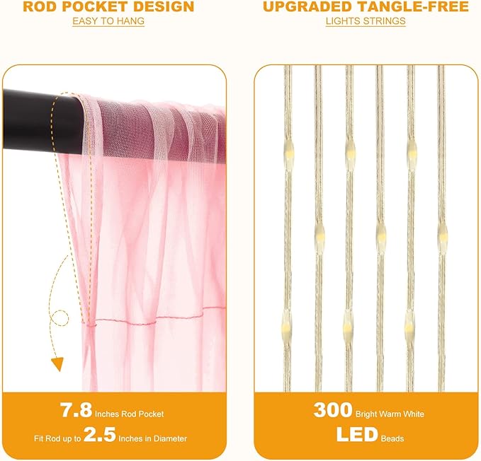 Tulle Curtain Backdrop with 300 LED Fairy Lights for Parites Wrinkle-Free Sheer Curtain Drapes Photo Back Drop for Wedding Baby Shower Bridal Shower Birthday Dance Home Décor - 10ft×10ft, Pink