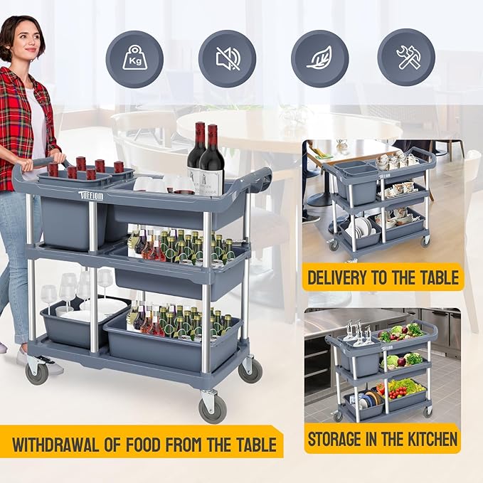 TUFFIOM 3-Tier Plastic Service Storage Utility Cart with Wheels, Heavy Duty Multi-Function Mobile Shelving Unit Organizer, Ideal for Restaurant, Foodservice, Office, Warehouse, Grey