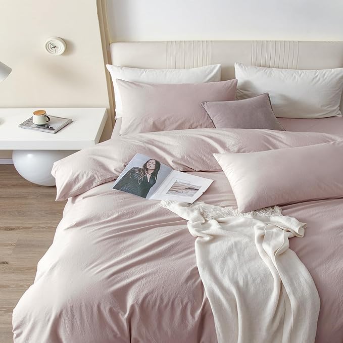 JIYUAN 100% Washed Cotton Duvet Cover Set 3 PCS Oversized Queen, 1 Duvet Cover 98"x98" (Comforter Not Included) and 2 Pillowcases,Linen Feel Bedding Set Comfy and Breathable, Heathered Greyish Pink