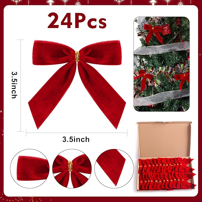 24 Pcs Red Small Velvet Christmas Bows for Christmas Tree, Wreath, Gift Wrapping, Crafts, Wedding, Party, Twist Tie Bows for Treat Bag Bakery Candy Bags, Home Decor 1" W,3.5 x 3.5 inch